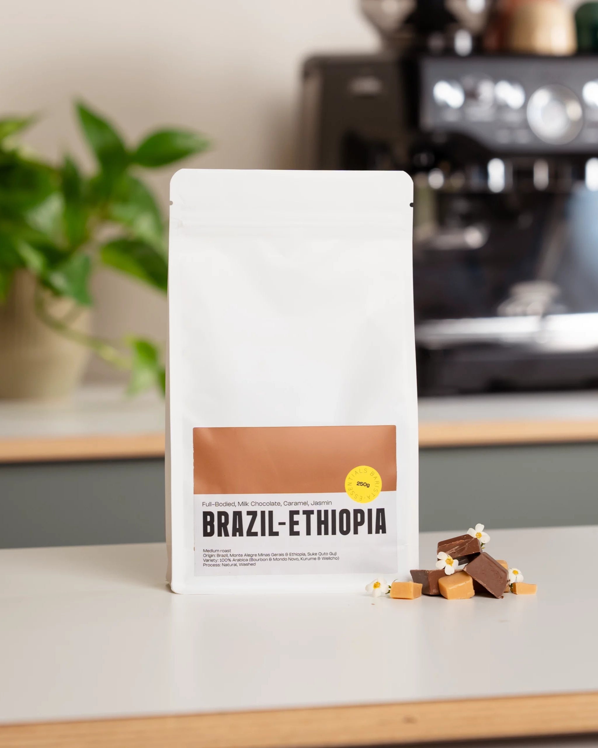 Brazilian and Ethiopian coffee beans with specialty coffee label